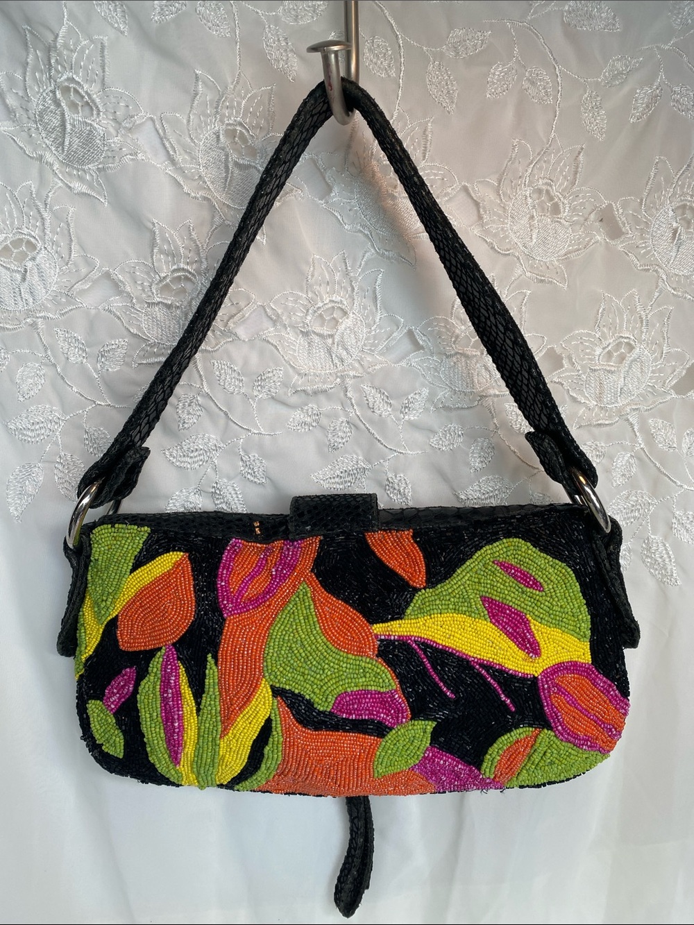Vintage Christiana Black Beaded Shoulder Bag Multicolor Floral Embroidery - Picture 2 of 8